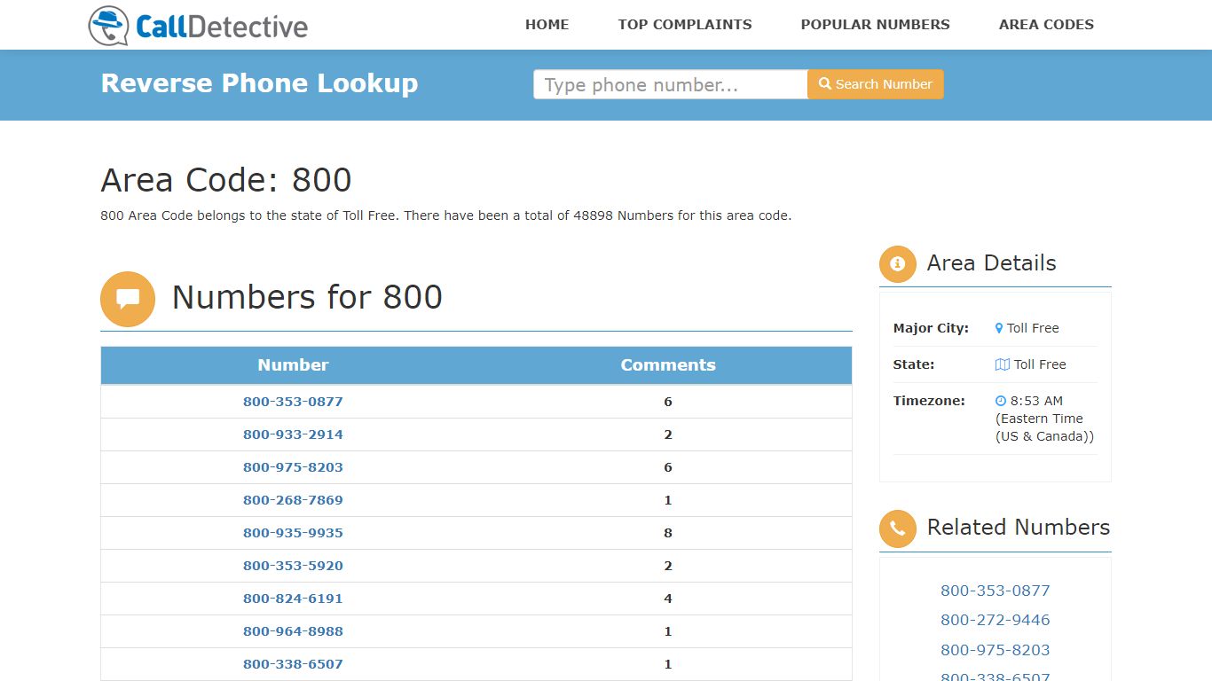800 Toll Free Area Code Number Lookup - 48869 Numbers